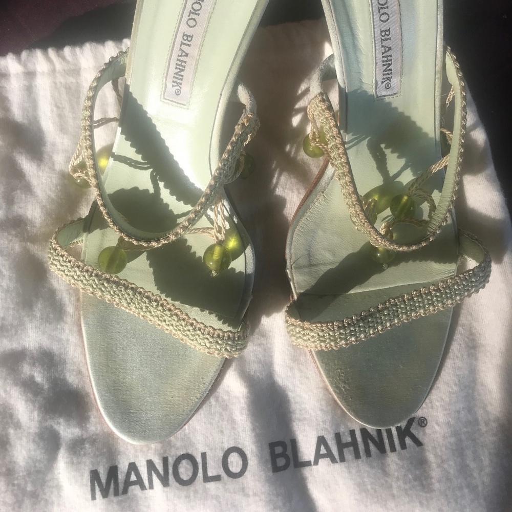 Manolo Blahnik Pale Green Beaded Sandals